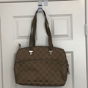 Tumi Tan Satchel Bag with Textured Fabric and Zipper Closure
